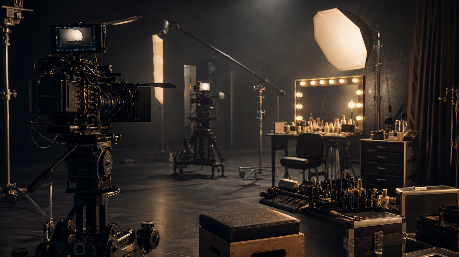Professional cinema camera and lighting on a film set
