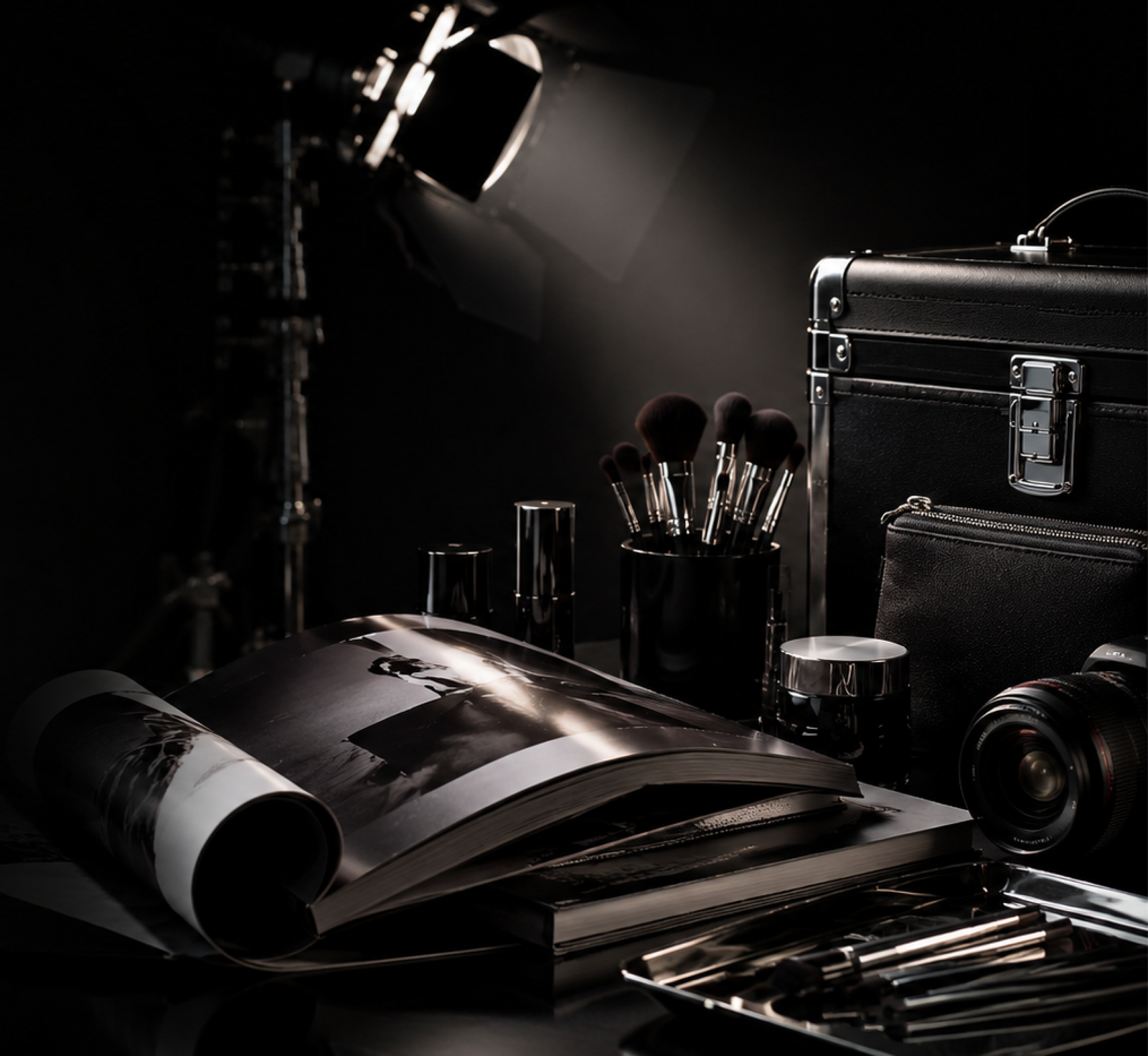 Editorial beauty studio with professional makeup tools, camera equipment and publications
